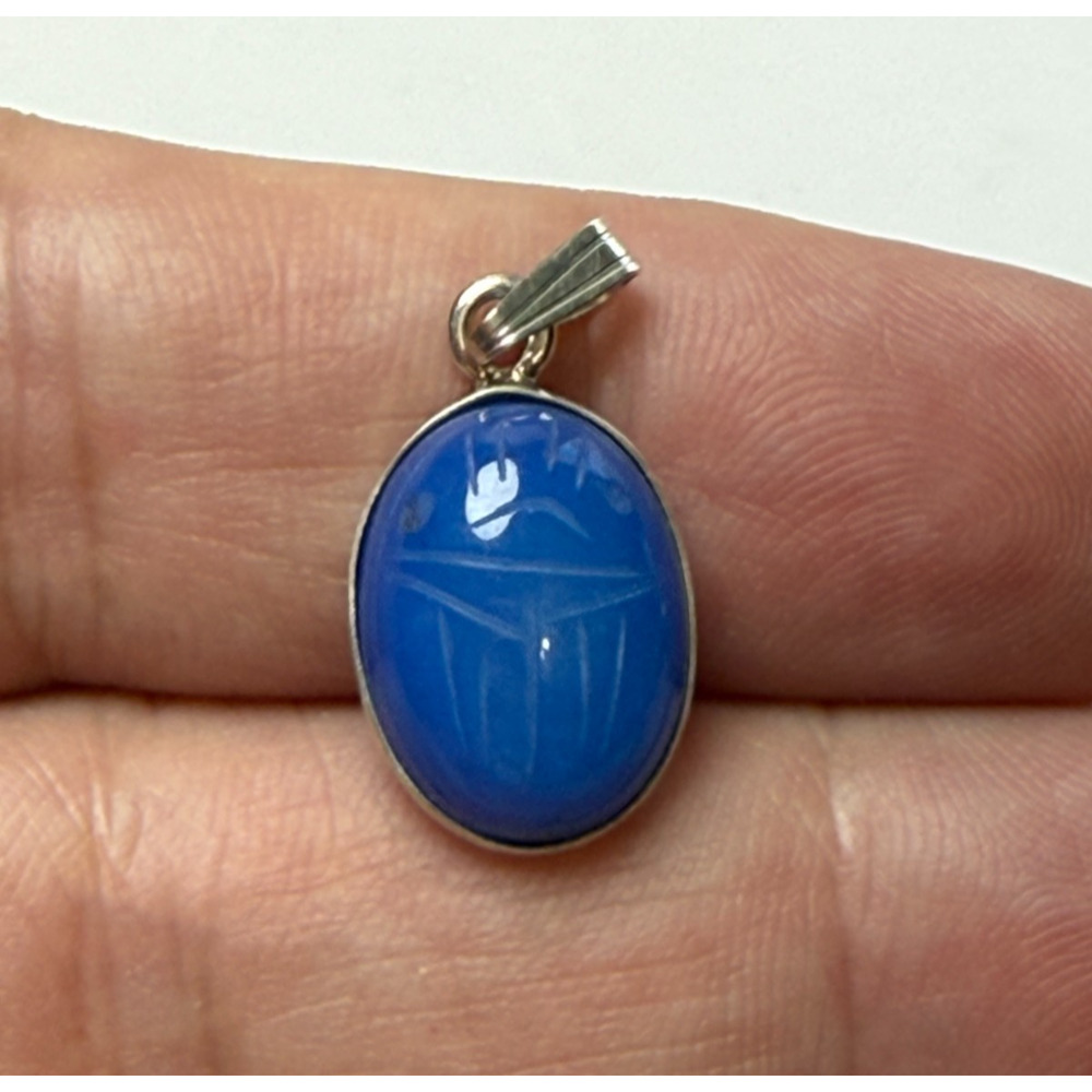 Sterling Silver 925 Carved Scarab Beetle Pendant Charm Blue Chalcedony Gemstone